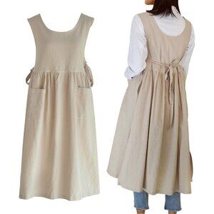 Women Plus Size Cotton Linen Vintage Pleated Split Apron Pinafore Dress with Two